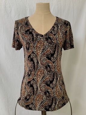 White Stag Pullover Shirt Top-Black Gold Tan Copper Paisley-Stretch-V-Neck-M